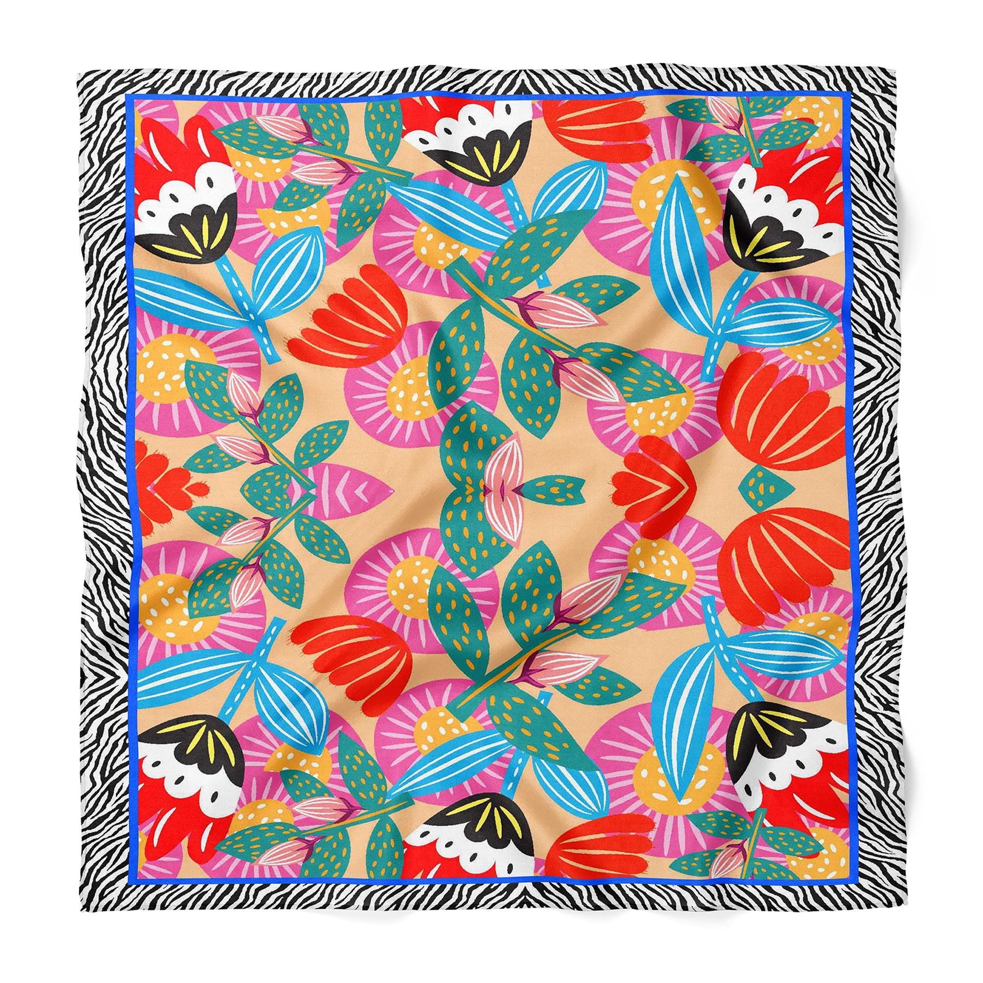 Colorful Floral Satin Scarf, Zebra Print Satin Square Bandana, Bold Botanical Neck Scarf, Elegant Bag Scarf, Statement Gift for Her
