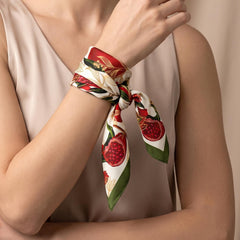 Pomegranate Satin Scarf Bandana, Aesthetic Hair Scarf, Elegant Floral Bandana, 48x48cm Square Neck Scarf, Fashion Accessory