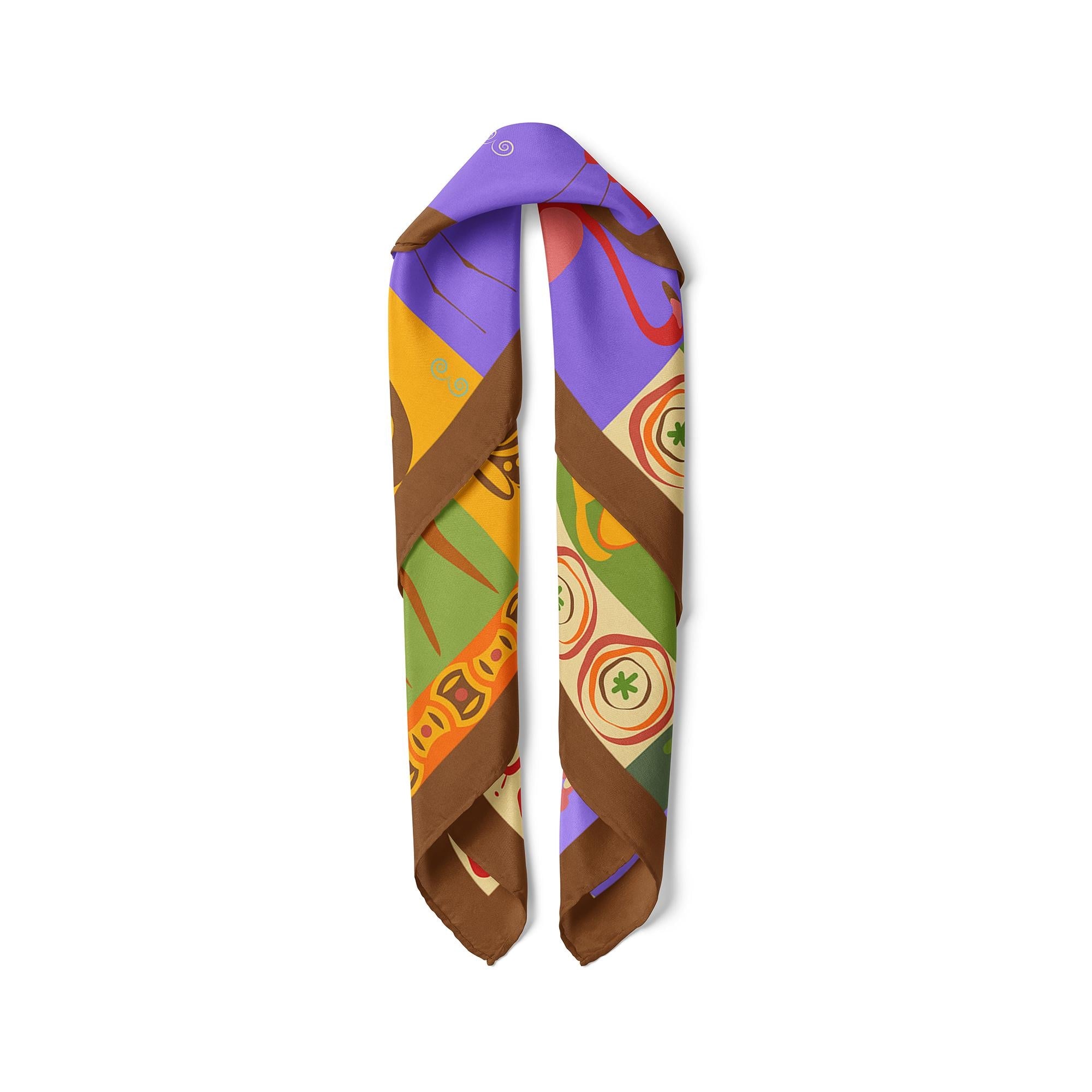 African Inspired Square Scarf, Colorful Safari Print Neck Scarf, Tribal Art Bandana, Satin Hair Scarf, Unique Gift for Her