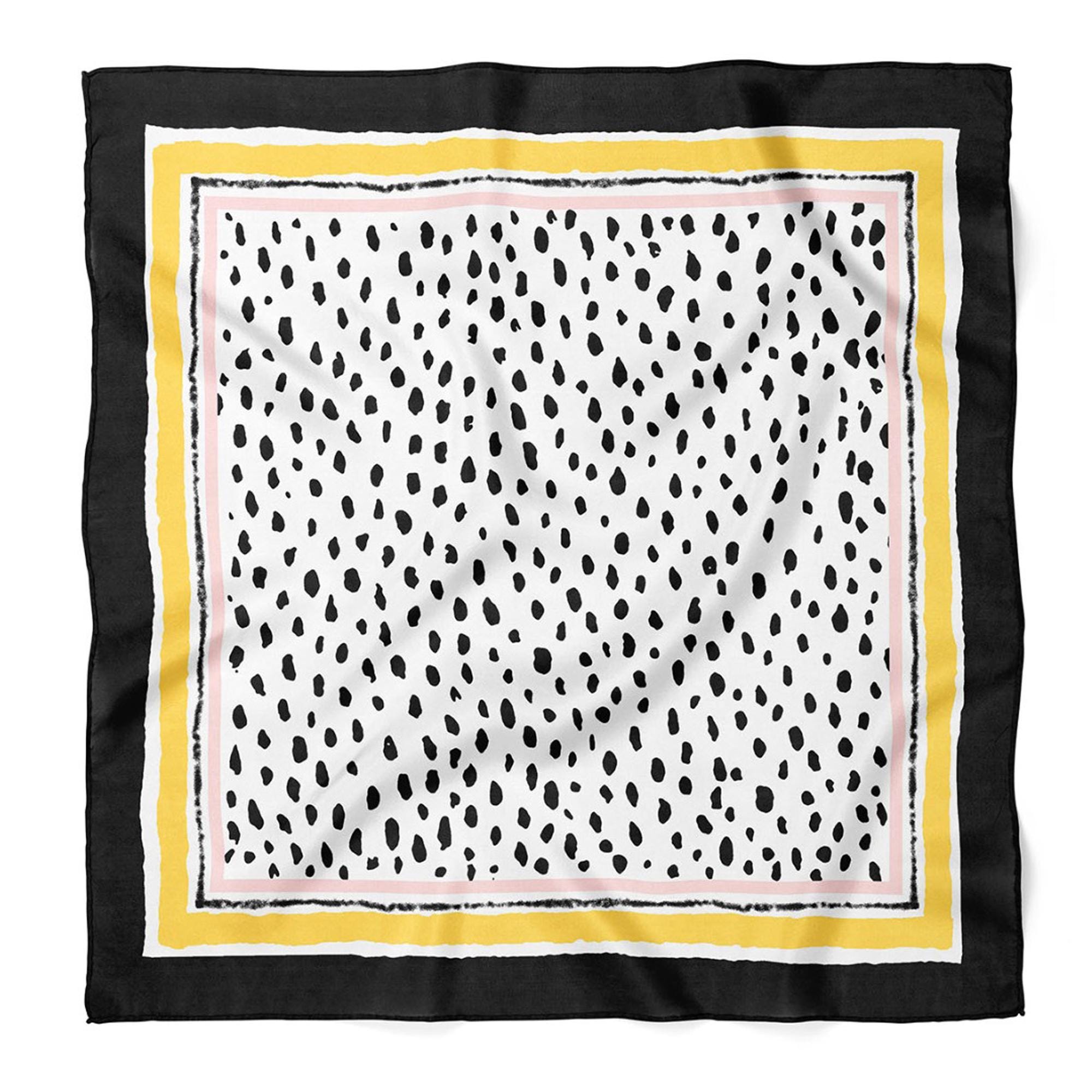 Polka Dot Square Satin Scarf, Black and White Neck Scarf, Yellow Border Bandana, Hair Scarf, Minimalist Bag Scarf, Gift for Her
