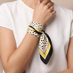 Polka Dot Square Satin Scarf, Black and White Neck Scarf, Yellow Border Bandana, Hair Scarf, Minimalist Bag Scarf, Gift for Her
