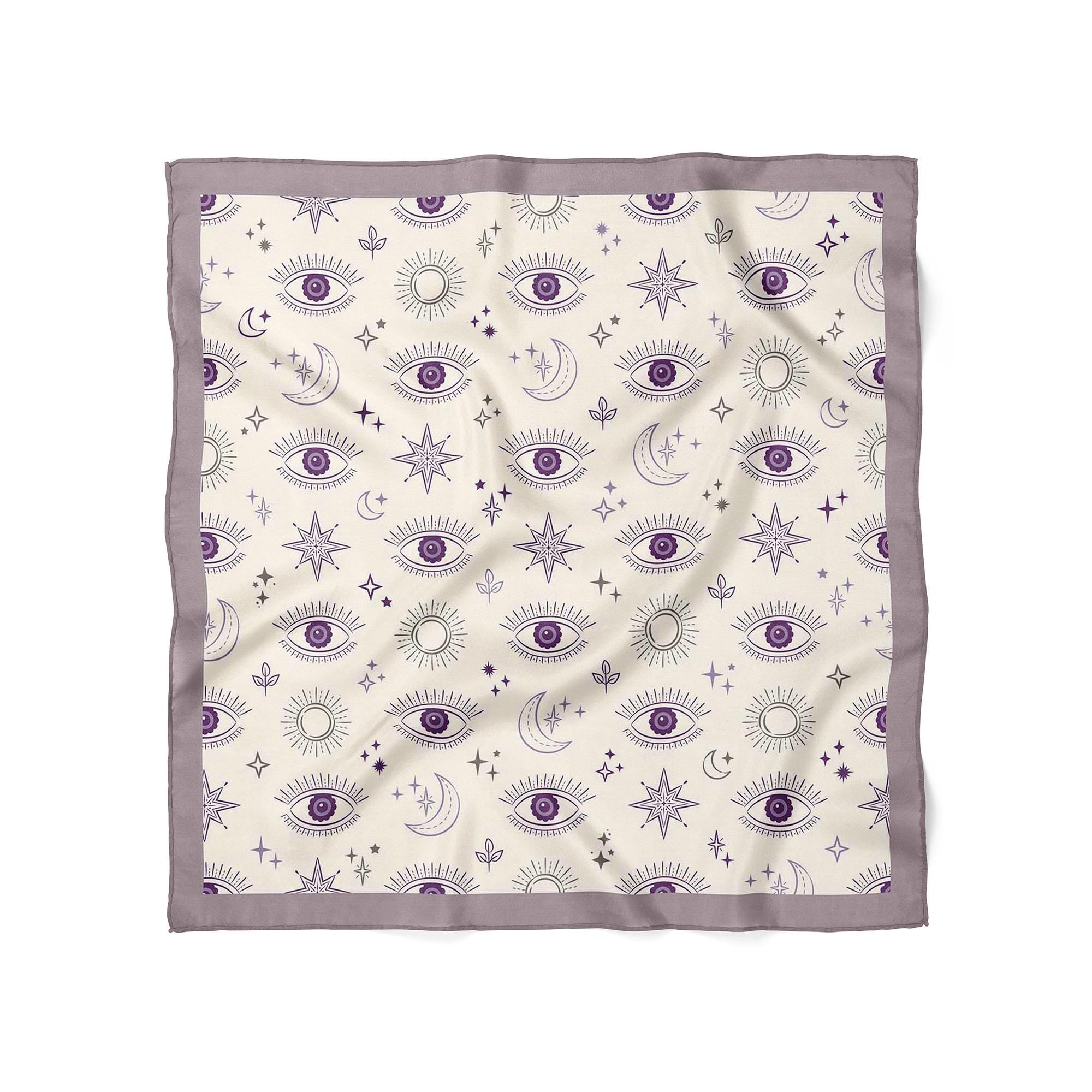 Lavender Evil Eye Scarf, Celestial Satin Square Bandana Scarf,  Women's Neck Scarf, Bag Scarf, Mystical Gift for Her