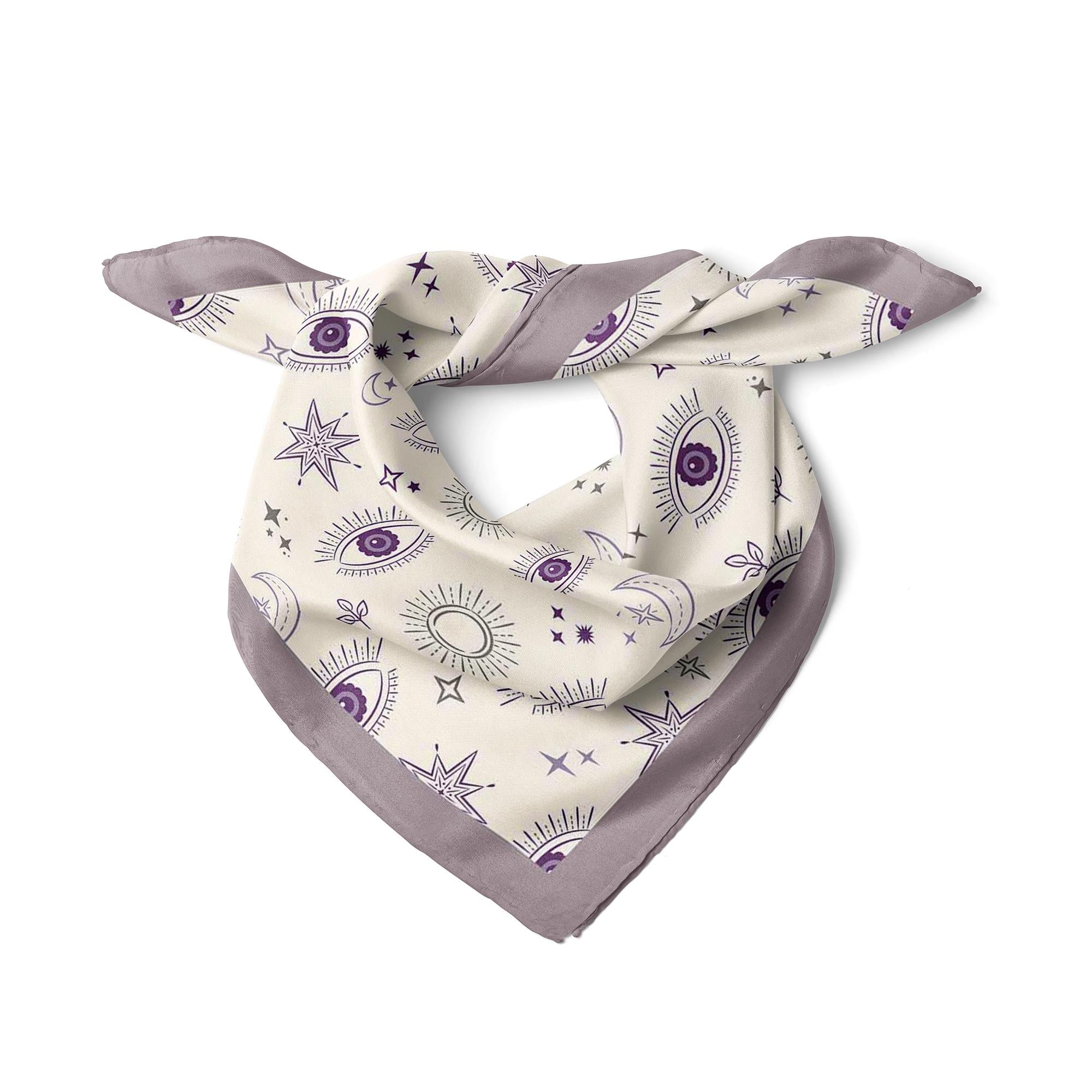 Lavender Evil Eye Scarf, Celestial Satin Square Bandana Scarf,  Women's Neck Scarf, Bag Scarf, Mystical Gift for Her