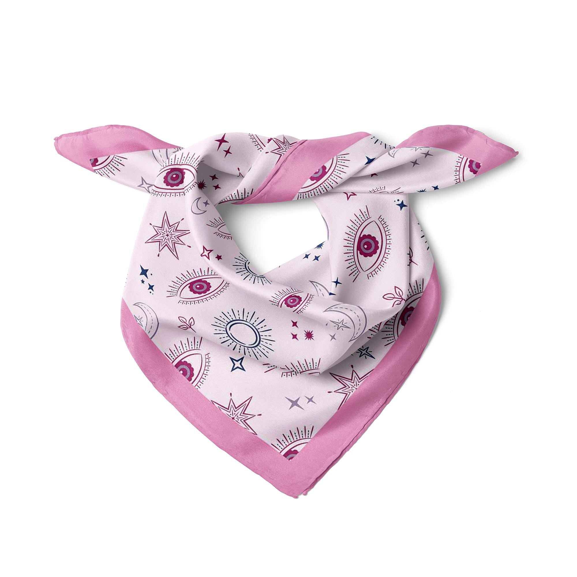 Rose Pink Evil Eye Satin Scarf, Mystic Square Bandana, Celestial Hair Scarf, Women's Neck Scarf, Pink Satin Bag Scarf, Boho Style Gift