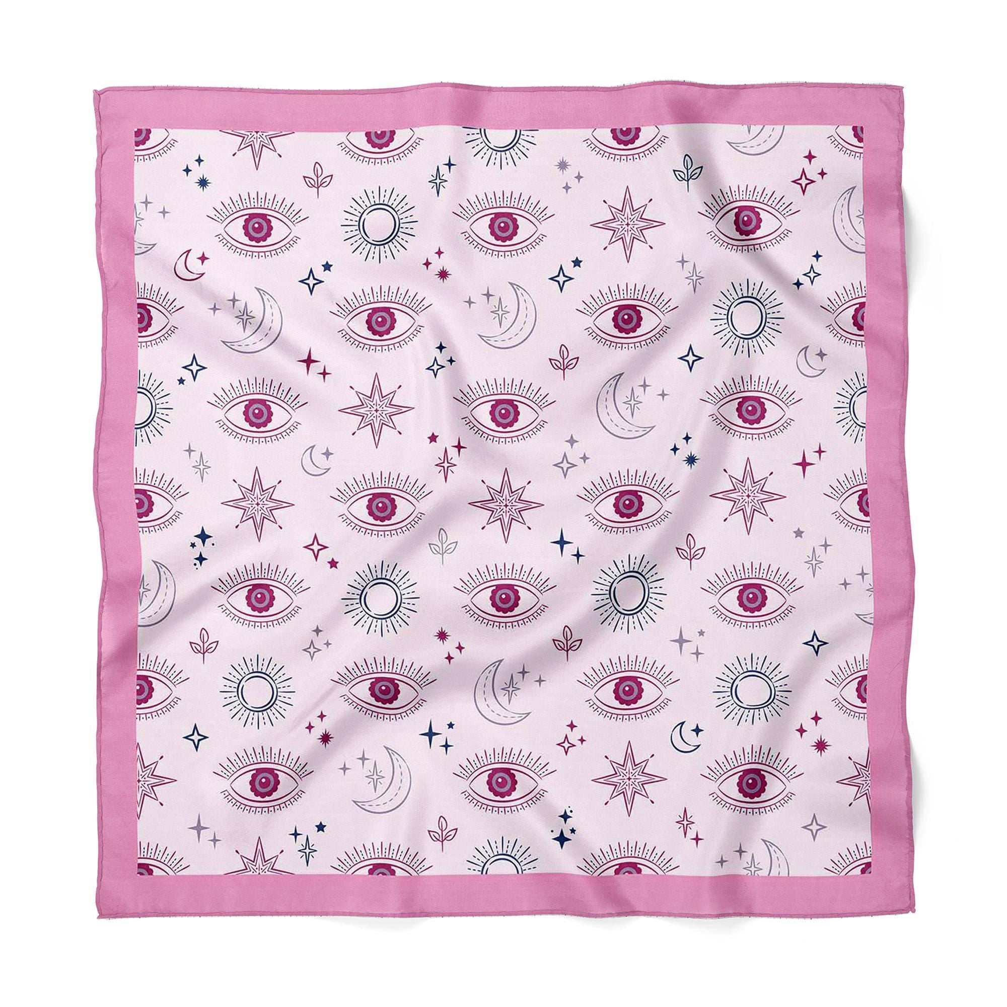 Rose Pink Evil Eye Satin Scarf, Mystic Square Bandana, Celestial Hair Scarf, Women's Neck Scarf, Pink Satin Bag Scarf, Boho Style Gift