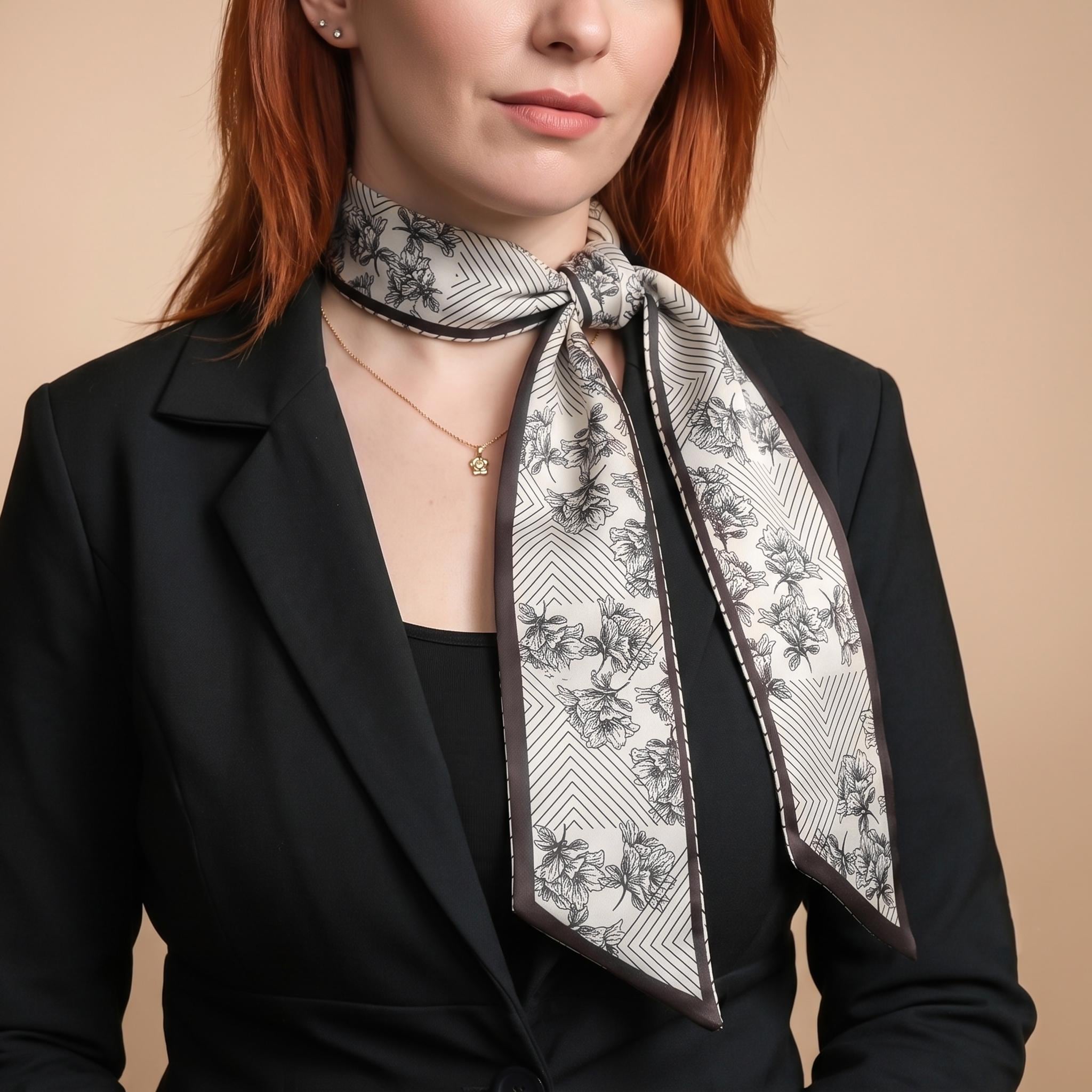 Black & Cream Floral Skinny Scarf, Long Neck Scarf for Women, Hair Scarf, Bag Scarf, Elegant Fashion Gift for Her