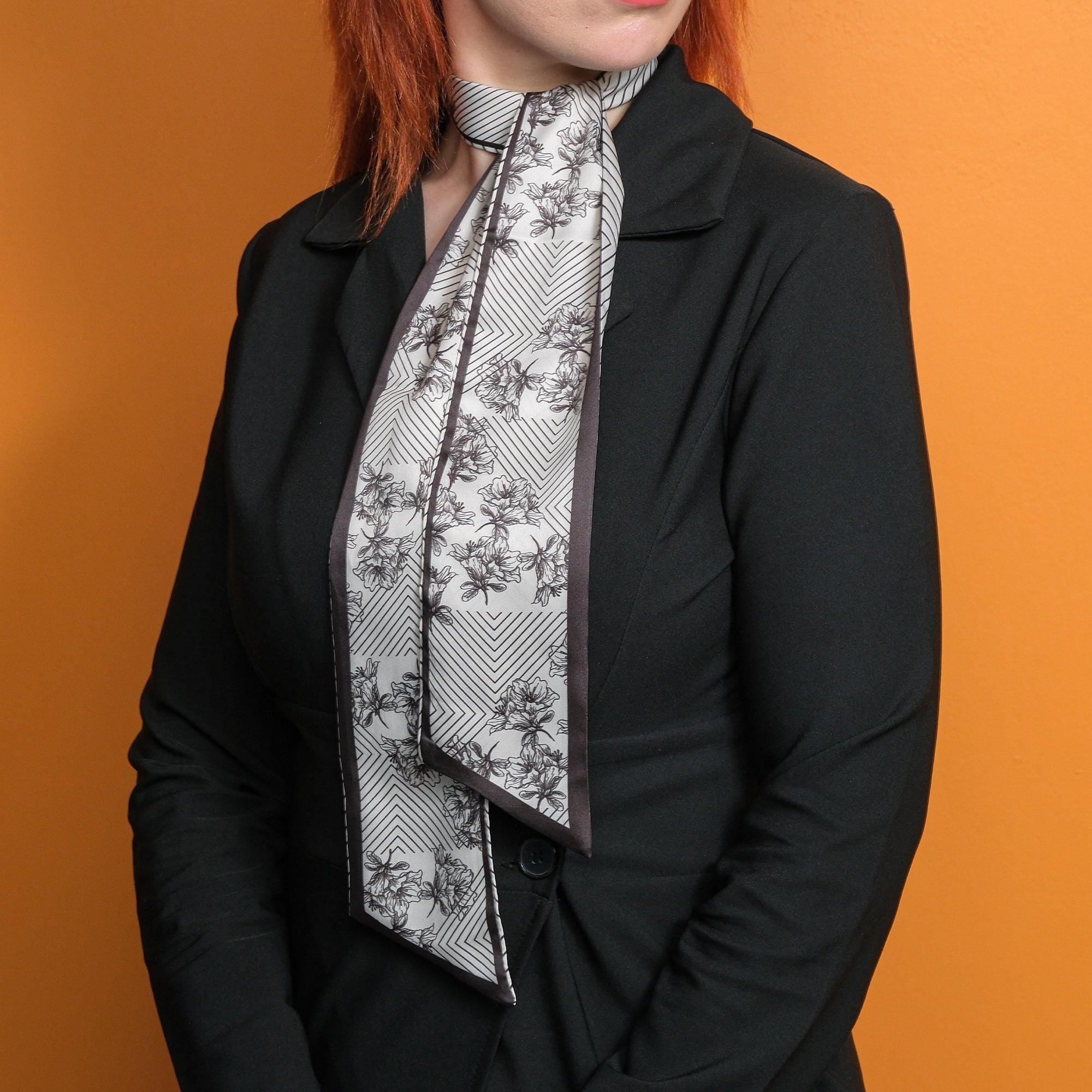 Black & Cream Floral Skinny Scarf, Long Neck Scarf for Women, Hair Scarf, Bag Scarf, Elegant Fashion Gift for Her