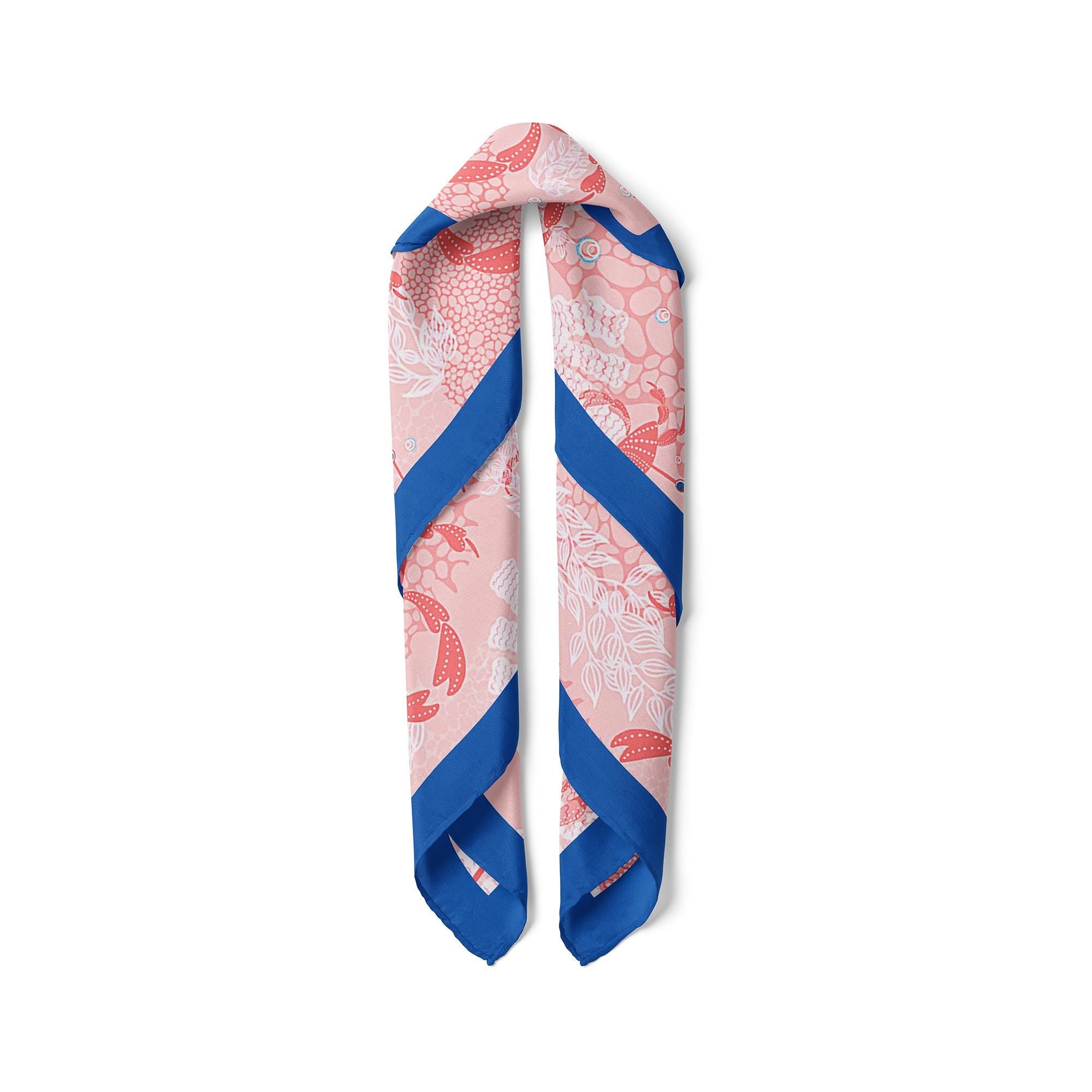 Pink Crab Satin Scarf, Coastal Square Neck Scarf, Ocean Inspired Hair Scarf, Silk Feel Beach Bandana, Nautical Gift for Her