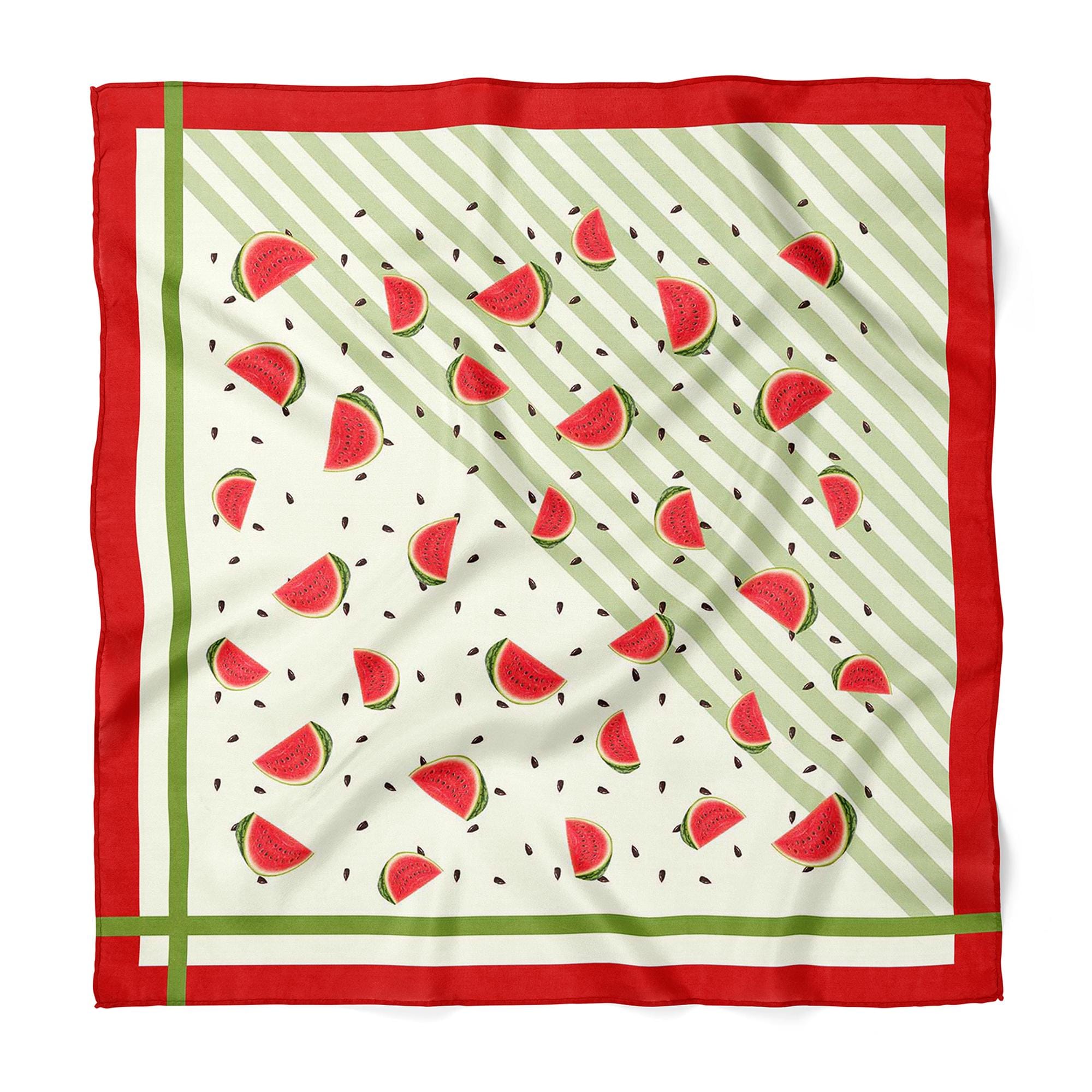 Watermelon Satin Scarf, Fruit Print Square Neck Scarf, Summer Hair Bandana, Red Green Silk Feel Scarf, Cute Gift for Her