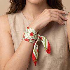 Watermelon Satin Scarf, Fruit Print Square Neck Scarf, Summer Hair Bandana, Red Green Silk Feel Scarf, Cute Gift for Her