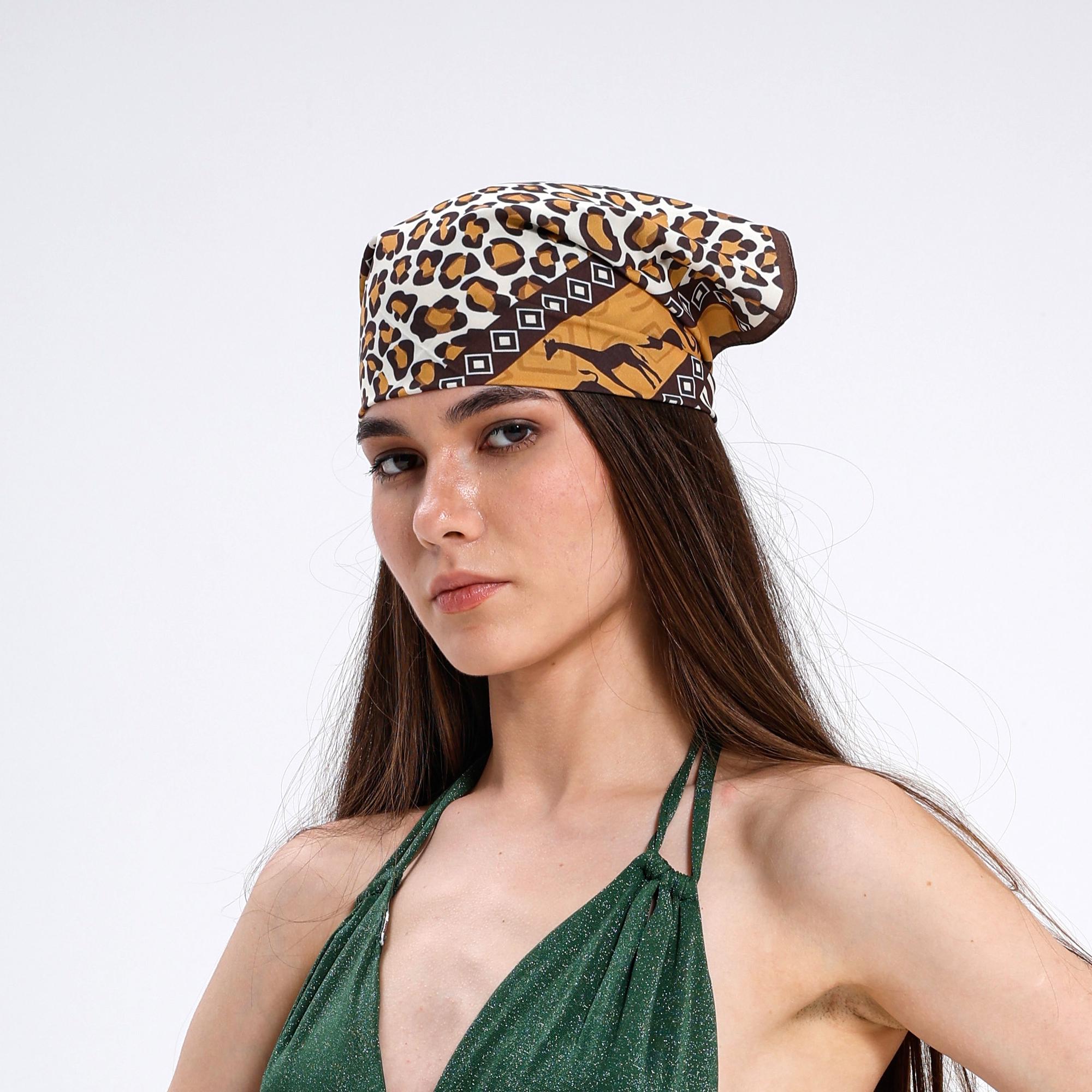 Safari Night Animal Print Scarf, African Wildlife Bandana, Leopard Zebra Square Scarf, Brown Satin Neck Scarf, Gift for Her