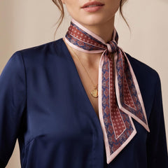 Burgundy Skinny Scarf for Women, Navy Blue Neck Scarf, Geometric Print Hair Scarf, Long Bag Scarf, Slim Scarf, Gift for Her