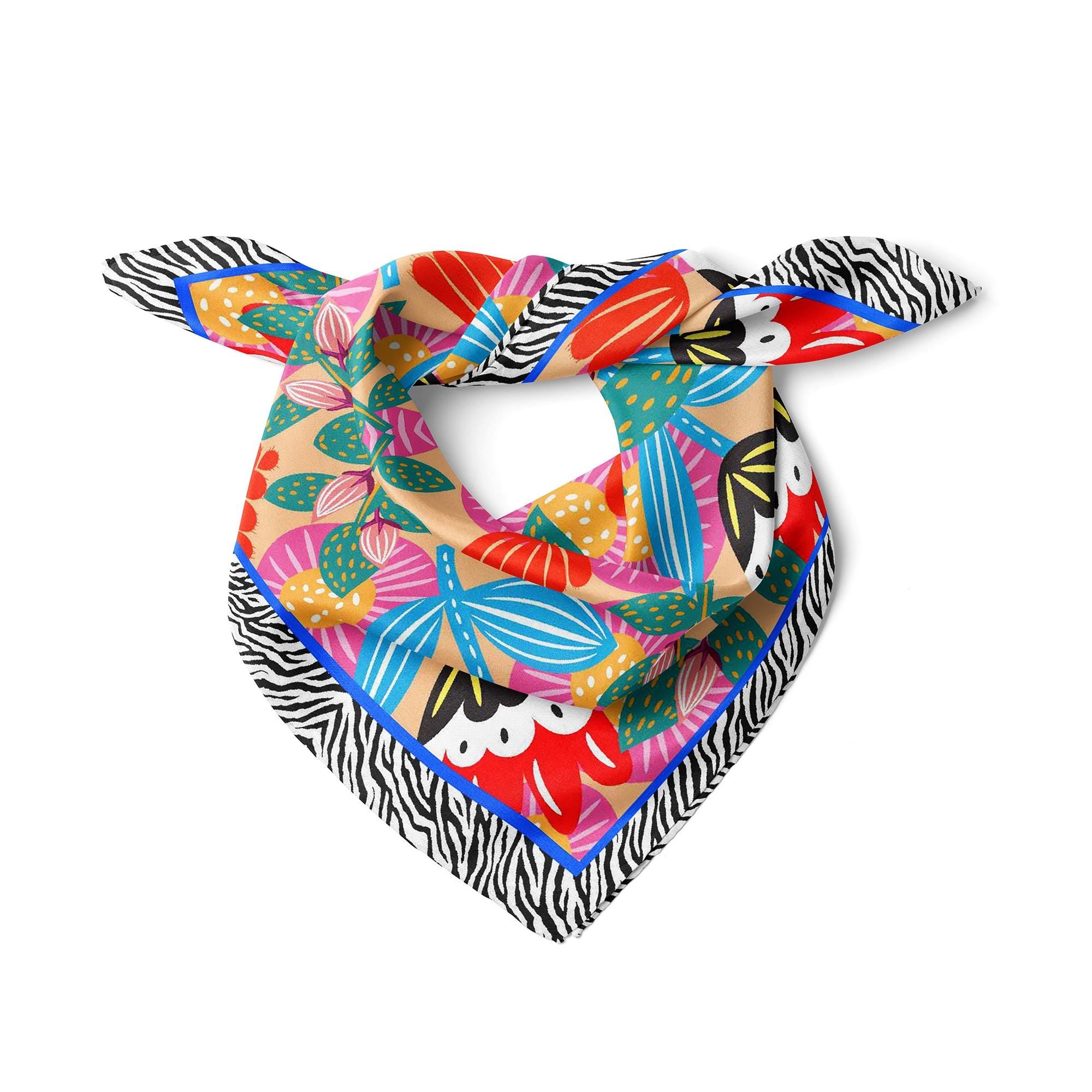 Colorful Floral Satin Scarf, Zebra Print Satin Square Bandana, Bold Botanical Neck Scarf, Elegant Bag Scarf, Statement Gift for Her