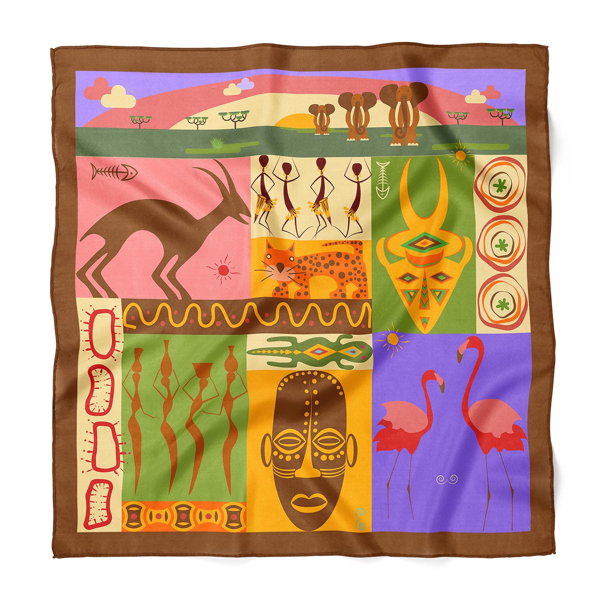 African Inspired Square Scarf, Colorful Safari Print Neck Scarf, Tribal Art Bandana, Satin Hair Scarf, Unique Gift for Her