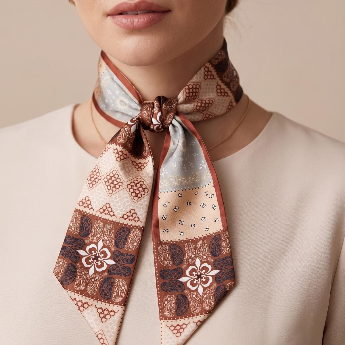 Brown Paisley Skinny Scarf, Long Neck Scarf for Women, Hair & Bag Scarf, Boho Twilly Scarf, Elegant Gift for Her