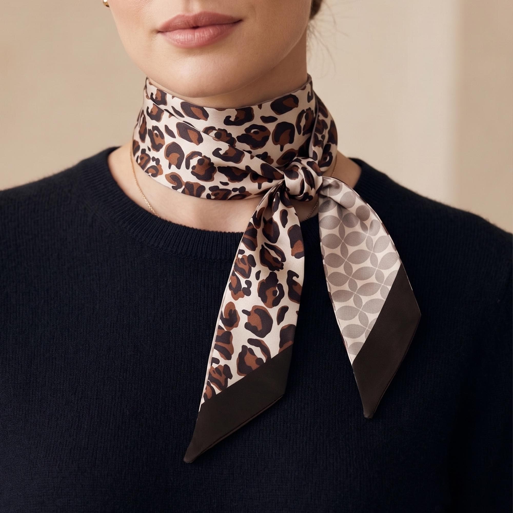 Leopard Print Skinny Scarf for Women, Brown Neck Scarf, Long Hair Scarf, Bag Scarf, Animal Print Slim Scarf, Gift for Her