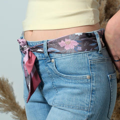 Floral Skinny Scarf for Women, Pink Flower Neck Scarf, Long Hair Scarf, Bag Scarf, Brown Floral Slim Scarf, Gift for Her