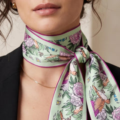 Green Floral Skinny Scarf for Women, Bird Print Neck Scarf, Long Hair Scarf, Flower Bag Scarf, Pink Green Slim Scarf, Gift for Her